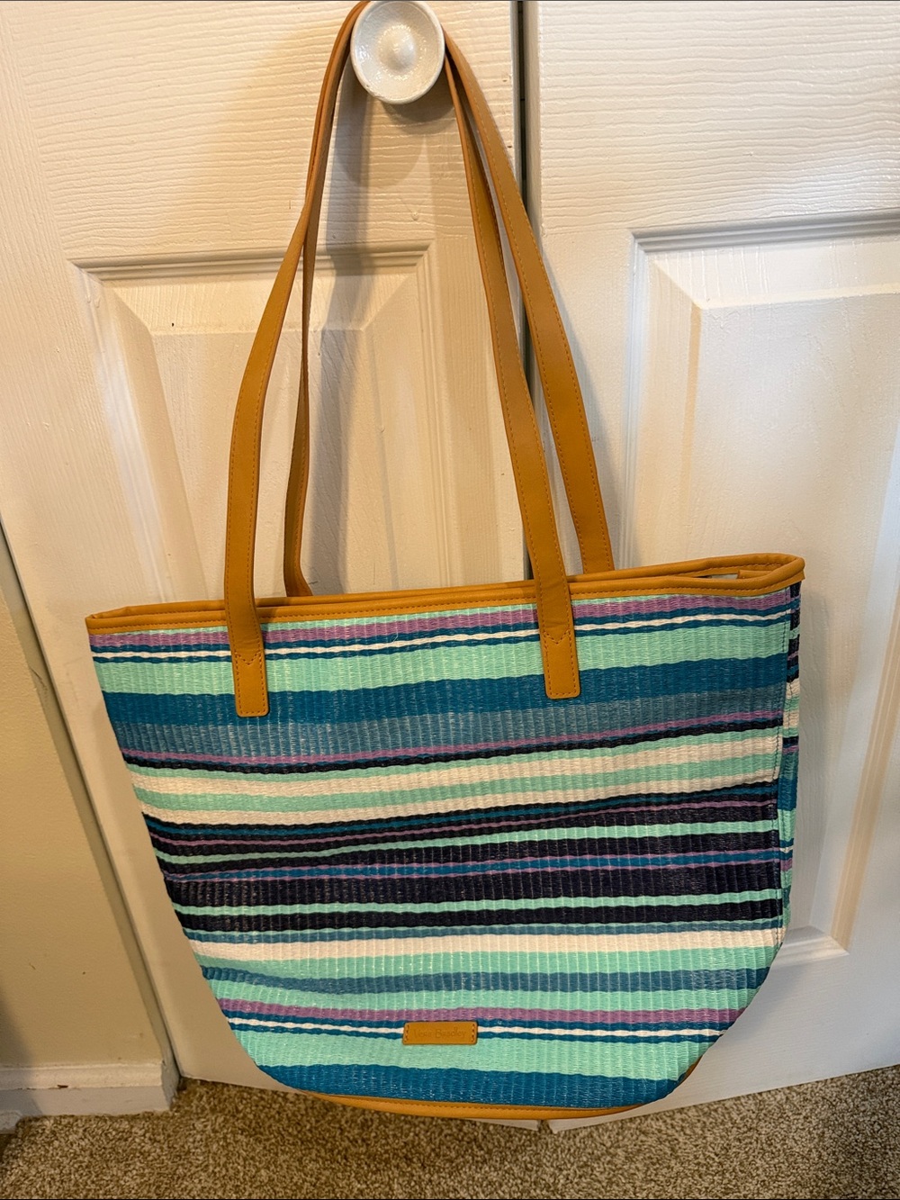 Vera Bradley Aqua Teal Navy Striped Bucket Tote with Tan Handles